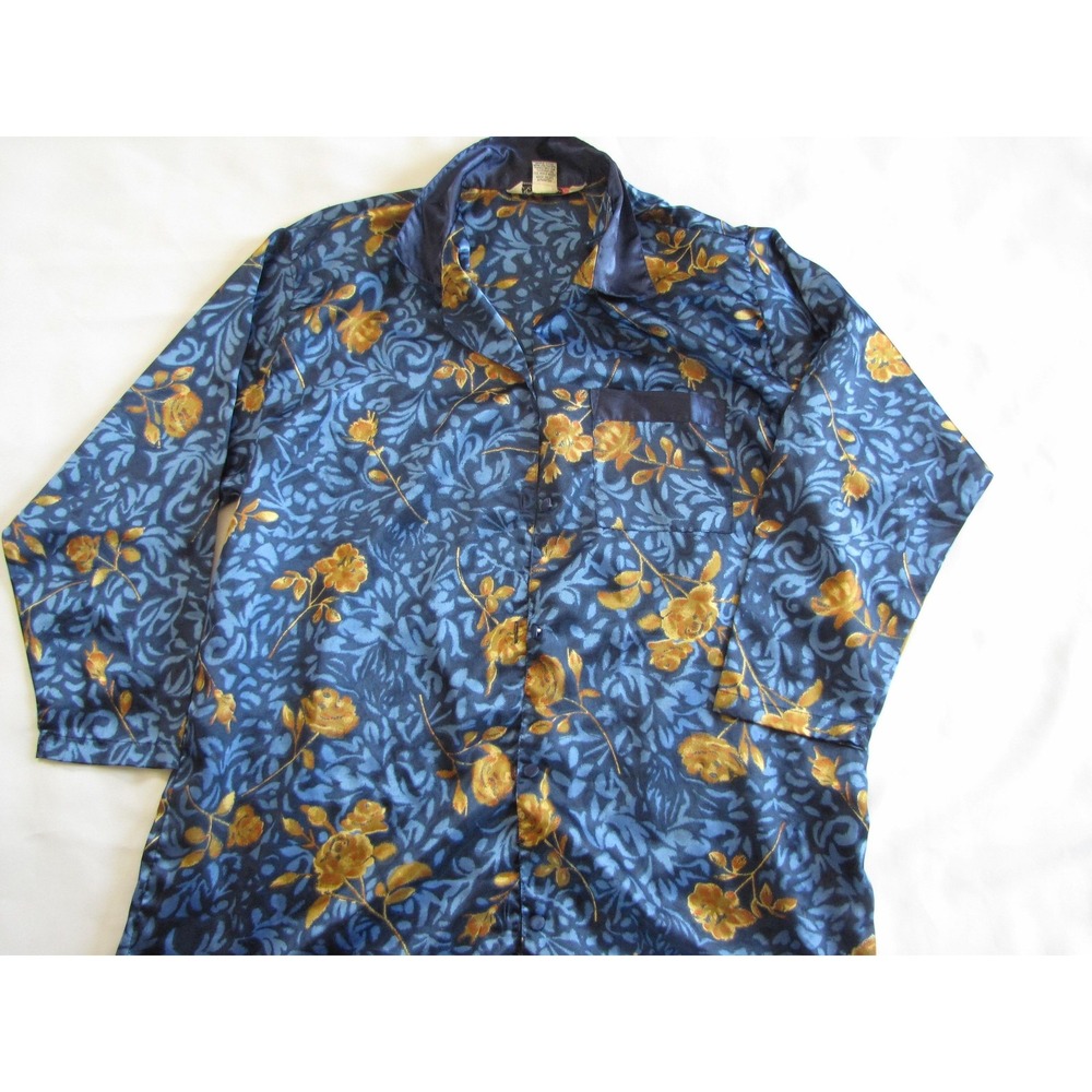 Amanda Gray Top Womens L Blue Floral Satin Button Up Long Sleeve Tunic Blouse